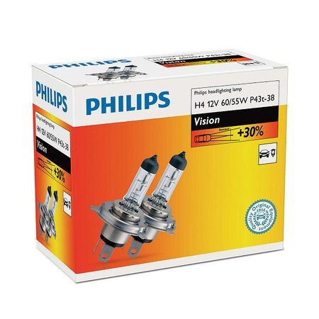 Bec auto cu halogen pentru far Philips Vision +30% H4 12V 60/55W P43t-38 , 2 buc. Kft Auto