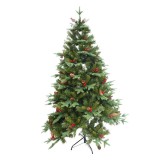 Brad artificial decorat conuri de pin si fructe rosii de craciun, 1.5 m inaltime, interior/ exterior, verde, Oem