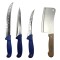 Set profesional de macelarie, filetat, injunghiat, transat, dezosat, 3 cutite, satar