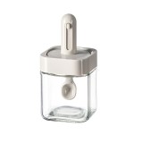 Recipient pentru depozitarea condimentelor, flippy, borcan din sticla, capac si lingura incorporate, uz casnic, 300 ml, 7.1x7.1x14.8 cm, gri