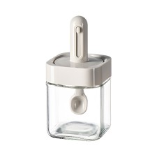 Recipient pentru Depozitarea Condimentelor, Cyrax, Borcan din Sticla, Capac si Lingura Incorporate, Uz Casnic, 300 ml, 7.1x7.1x14.8 cm, Gri