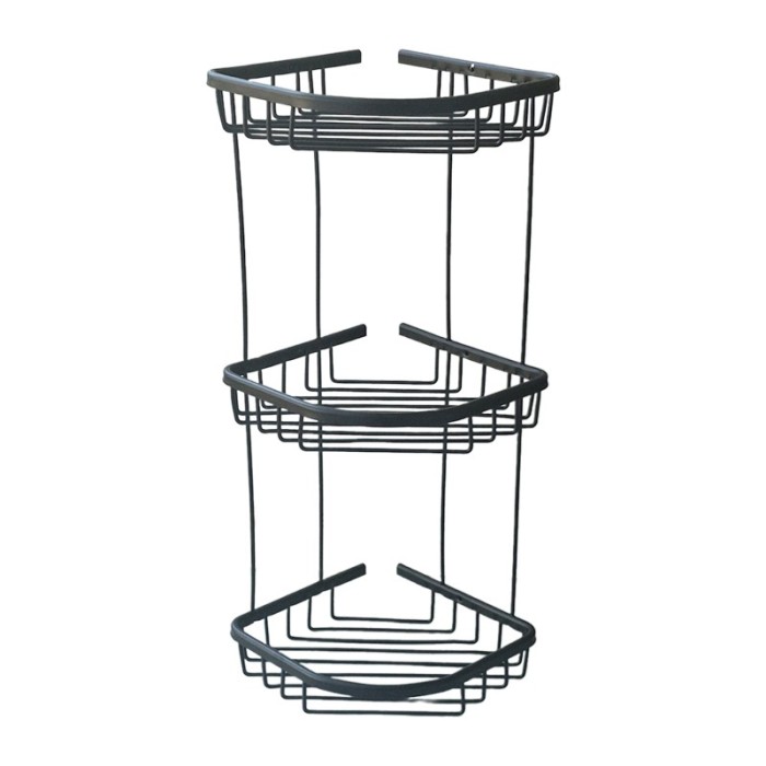 Etajera de colt pentru baie, din aluminiu, 3 rafturi, negru mat, 220 x 220 x 580 mm