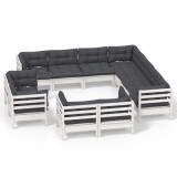 Set mobilier gradina cu perne, 11 piese, alb, lemn masiv pin