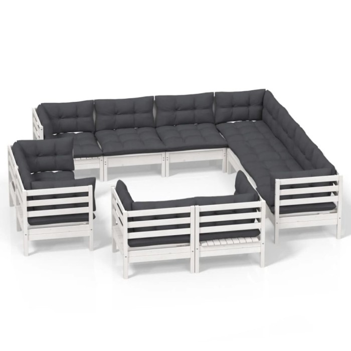Set mobilier gradina cu perne, 11 piese, alb, lemn masiv pin