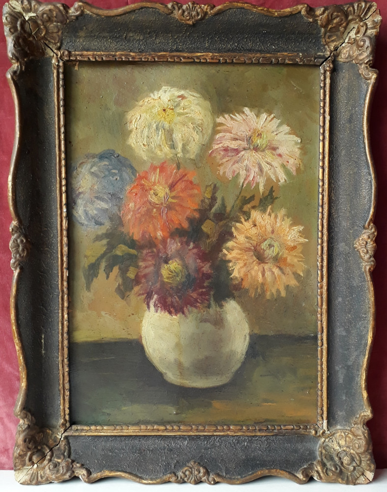 Vaza cu crizanteme, flori natura statica , tablou, pictura veche in ulei |  arhiva Okazii.ro
