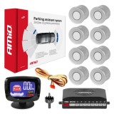 Set senzori de parcare LED Graf cu 8 senzori argintii, afisaj LED grafic fata-spate, 12V, 40KHz, diametru montaj 22mm, AMiO