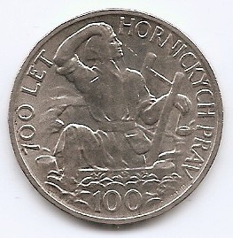 Cehoslovacia 100 Koruny 1949 - (comemorativa: 700 ani de minerit) Argint, KM-29 (1)