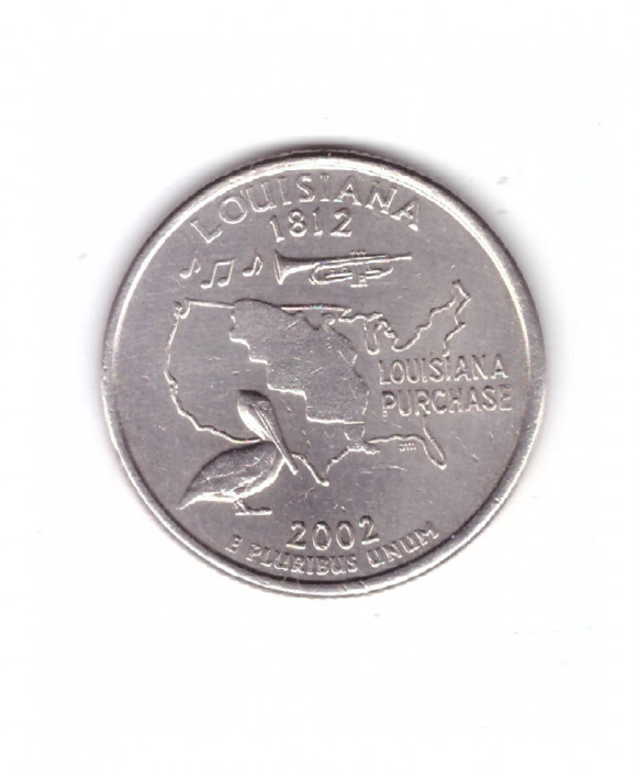Moneda SUA 25 centi/quarter dollar 2002 D, Louisiana 1812, stare foarte buna