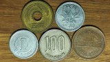Japonia -set de colectie 5 monede diferite- 1 + 1 + 5 +10 + 100 yen/yeni epoca Shōwa 1955-1989 - impecabile !