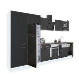 Mobilă de bucătărie Yorki 330, corp alb, față antracit satinat, element cuptor inferior, dulap cu rafturi și frigider cu congelator superior
