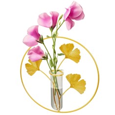 Vază decorativă rotundă, din metal și sticlă, decor auriu perete