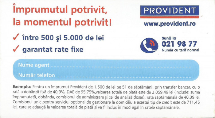 Romania, Provident, calendar de buzunar, 2015