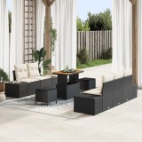 Set canapea gradina Gossi 8 piese cu perne negre din poli ratan acacia, canapea gradina Gossi 2 locuri cu perne negre din poli ratan, set dining gradi