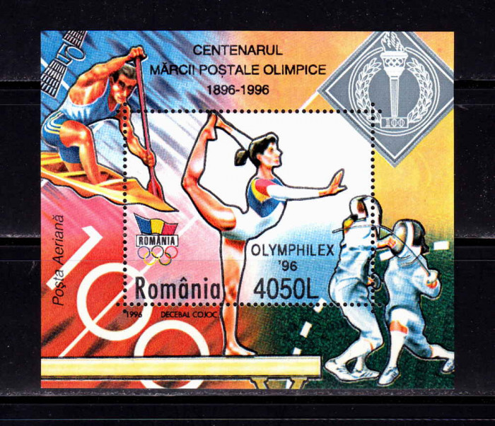 ✅RO 1996 ,LP 1417 &quot;Centenarul marcilor postale olimpice&quot; , colita 302 , MNH