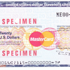 Cec de calatorie Thomas Cook - MasterCard 20 U.S. Dolari SPECIMEN