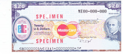 Cec de calatorie Thomas Cook - MasterCard 20 U.S. Dolari SPECIMEN foto