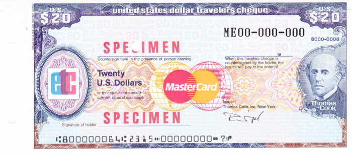 Cec de calatorie Thomas Cook - MasterCard 20 U.S. Dolari SPECIMEN
