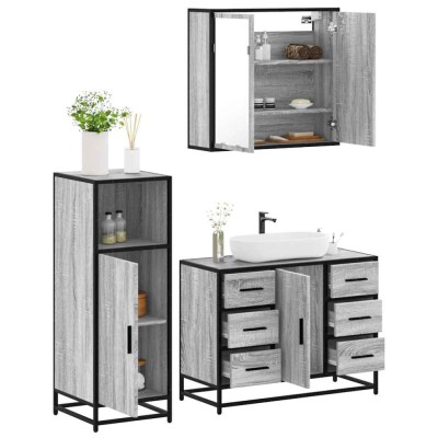 Set mobilier de baie, 3 piese, gri sonoma, lemn prelucrat foto