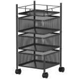 HOMCOM Cărucior de Bucătărie cu 3 Nivele cu Coșuri Rotative din Metal, Roți și Fr&acirc;nă, 27,5x27,5x62 cm, Negru | Aosom Romania
