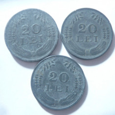 3 Monede 20 lei 1942 ,1943 si 1944 ,zinc , cal.buna- f.buna