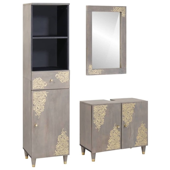 Set dulap baie 3 buc. Gri Lemn de mango solid
