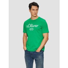Tricou barbati cu imprimeu cu logo, decolteu la baza gatului si croiala Regular Fit, Verde deschis, S