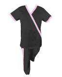 Costum Medical Pe Stil, negru cu Elastan cu Garnitură roz deschis si pantaloni cu dungă roz deschis, Model Marinela - L, XS