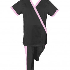 Costum Medical Pe Stil, negru cu Elastan cu Garnitură roz deschis si pantaloni cu dungă roz deschis, Model Marinela - 2XL, 2XL