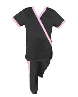 Costum Medical Pe Stil, negru cu Elastan cu Garnitură roz deschis si pantaloni cu dungă roz deschis, Model Marinela - S, M foto