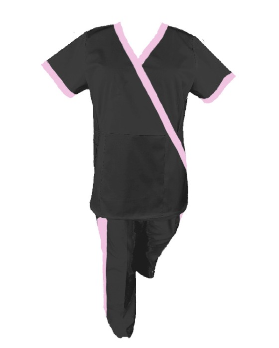 Costum Medical Pe Stil, negru cu Elastan cu Garnitură roz deschis si pantaloni cu dungă roz deschis, Model Marinela - XL, S