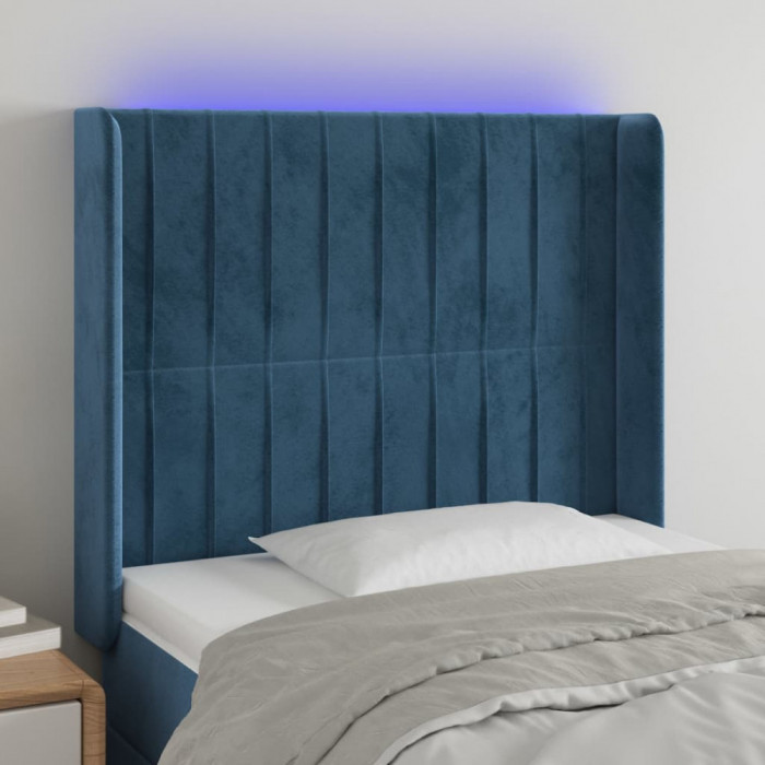 vidaXL Tăblie de pat cu LED, albastru &icirc;nchis, 93x16x118/128cm, catifea