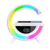 Ceas digital si difuzor Bluetooth cu lumina ambientala LED, incarcare wireless Alb