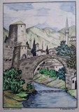 F. Grabner-&quot;Podul Vechi&quot; din Mostar, tablou &icirc;n tuş şi cerneală (1970), Peisaje, Acuarela, Altul