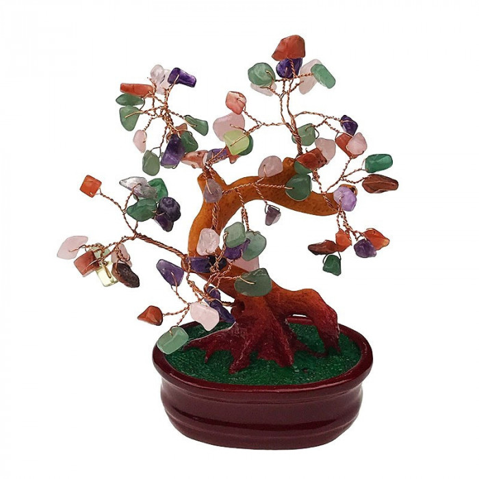 Copac Feng-Shui cu pietre aventurin si suport din ceramica, 6 ramuri, Multicolor, 17 cm, 1243H-4