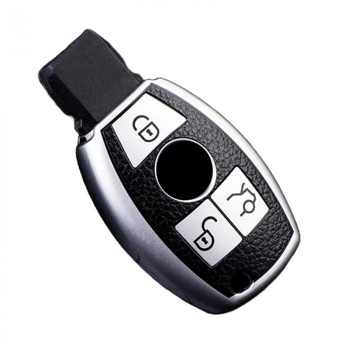 Husa Cheie Smartkey Mercedes Benz 3 Butoane, tpu, Aspect Piele, Silver AutoProtect KeyCars