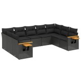 Set mobilier de gradina cu perne, 9 piese, negru, poliratan