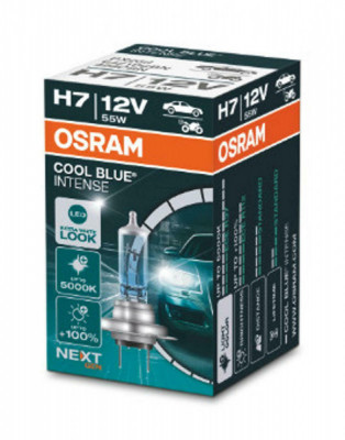 Bec H7 OSRAM 64210CBN 12V; 55W; COOL BLUE INTENSE (NextGen); cu pana 100% mai multa lumina; albastru; Px26d; Omologare: ECE; pana la 100 h; Fascicul foto