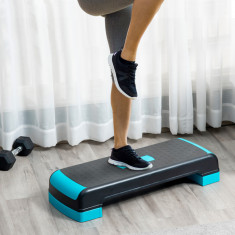 HOMCOM Step Fitness pentru Aerobic, Stepper Reglabil pe 3 Inaltimi 10-15-20cm din Plastic pentru Antrenament Acasa, Negru si Albastru