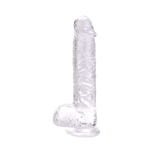 Realiste cu testicule - Loving Joy 23 cm Dildo cu Testicule Transparent Aspect Realist Membru cu Vene in Relief Ventuza de Suctiune