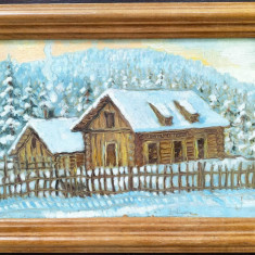Peisaj de iarnă cu case - pictură în ulei