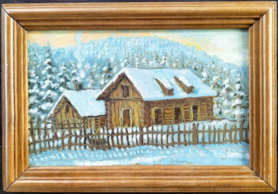 Peisaj de iarnă cu case - pictură &amp;icirc;n ulei foto