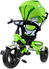 Tricicleta pentru copii cu scaun rotativ, copertina, cos, maner parental, suport picioare pliabil, culoare verde foto