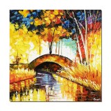 Cumpara ieftin Tablou pictat manual hol, living, Peisaj cu podet peste apa, impresionist, 50x50cm ulei pe panza in cutit efect 3D