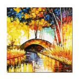 Tablou pictat manual hol, living, Peisaj cu podet peste apa, impresionist, 50x50cm ulei pe panza in cutit efect 3D