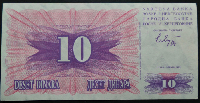 Bancnota 10 DINARI - BOSNIA-HERTEGOVINA, anul 1992 * Cod 198 = A.UNC