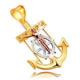 Pandantiv din aur combinat de 9K - ancora navală cu Isus pe cruce