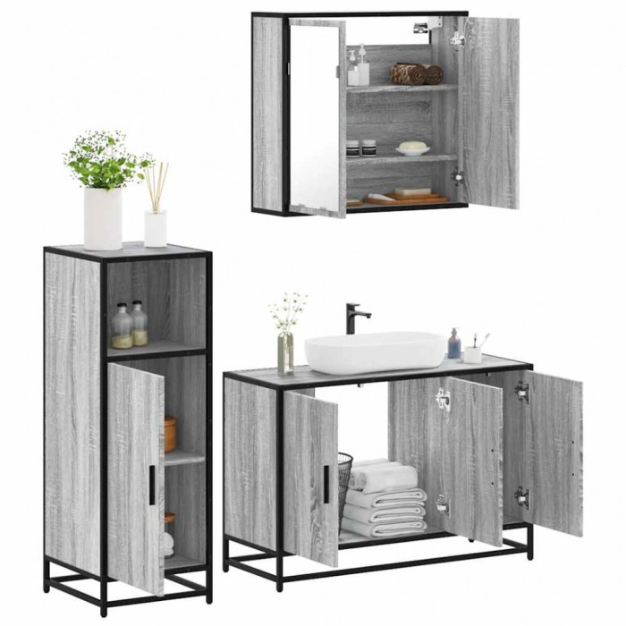 Gossi set mobilier de baie, 3 piese, gri sonoma, lemn prelucrat