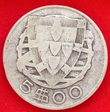 (A744) MONEDA DIN ARGINT PORTUGALIA - 5 ESCUDOS 1947, BARCA CU VELE CARAVELLE, KM#581, Europa