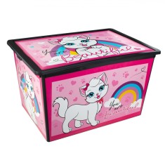 Cutie Depozitare Jucării Plastic, Capac și Roti, Pisică, Roz, 50L