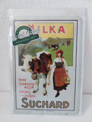 Reclama vintage Milka Suchard - Carte postala, felicitare / vedere metalica foto